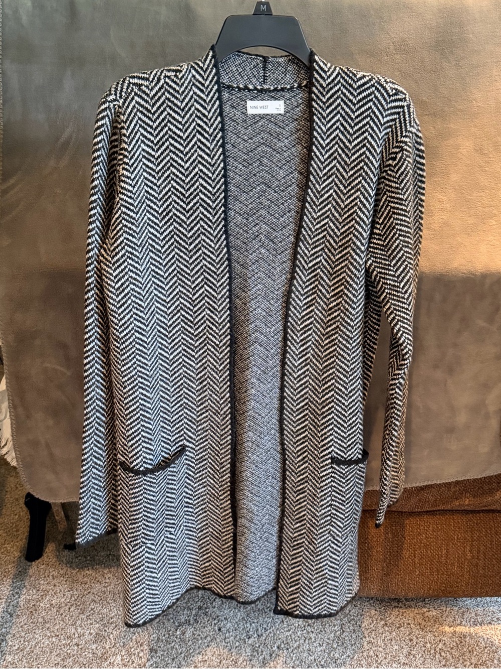 Nine West Black & White Herringbone Open Front Cardigan